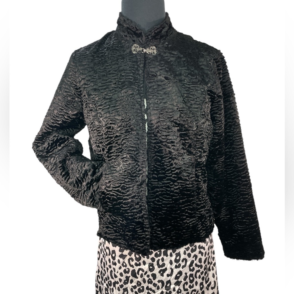 Vintage clasp cape waist faux Persian lamb fur evening velvet velour jacket